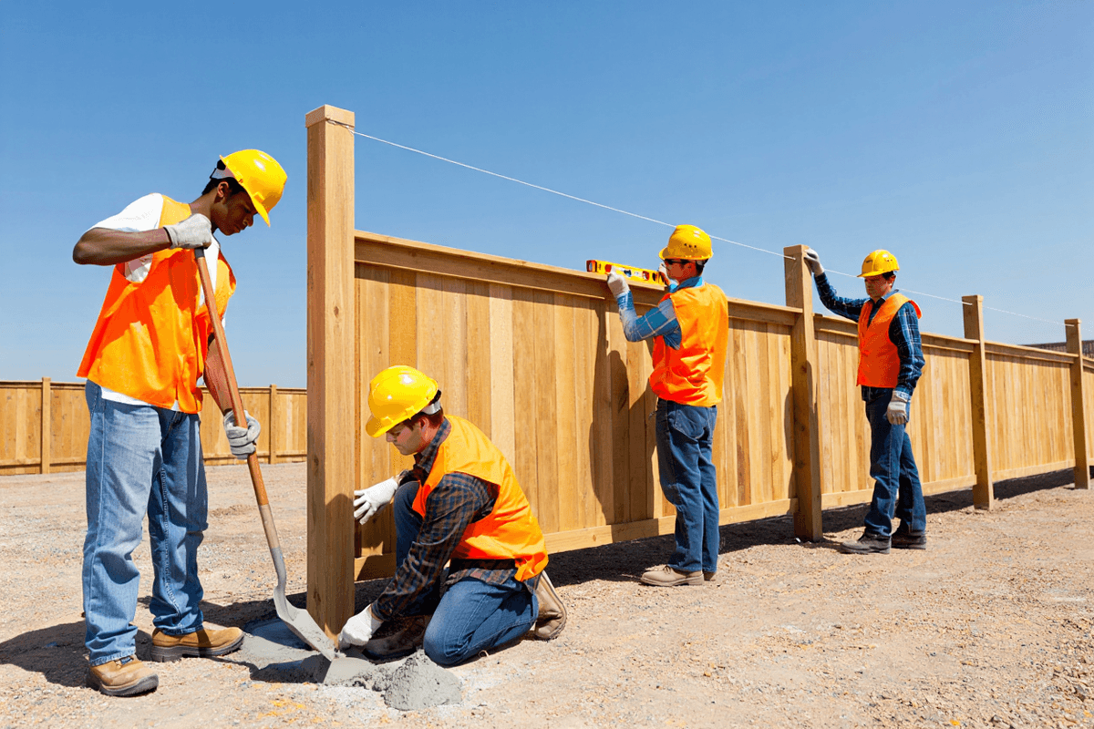 Fence installation in progress — posts set and alignment checked by Slick Pro Service