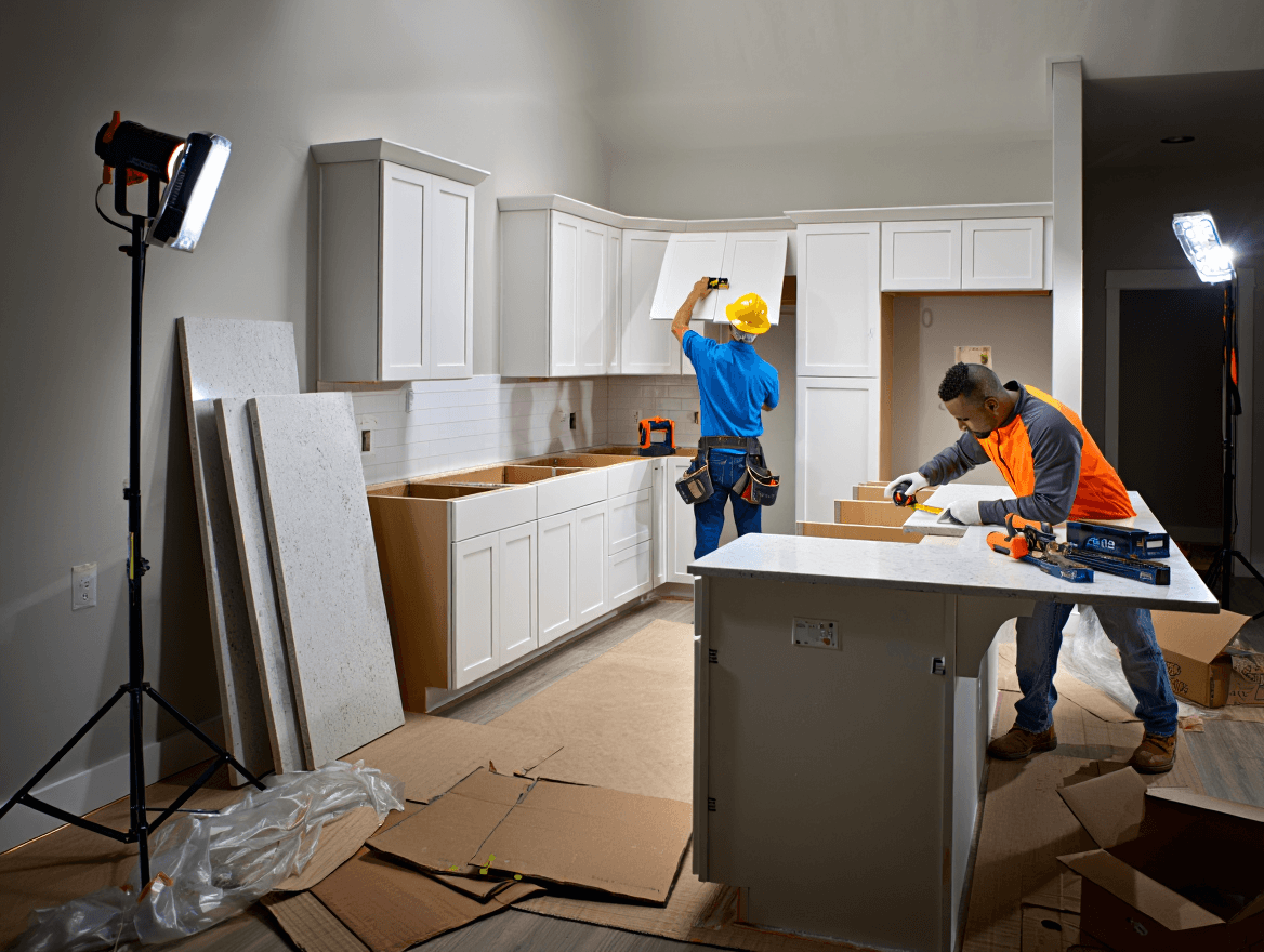 Kitchen remodel in progress — cabinets, countertops, and lighting by Slick Pro Service